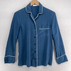 EQUIPMENT Top XS Avery Silk Crepe de Chine Pajama Button Up Long Sleeve Blue
